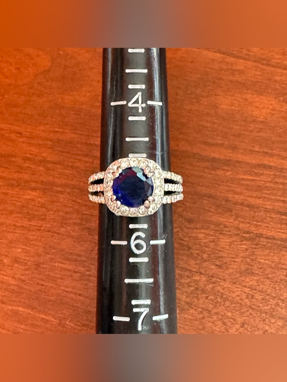 Round Blue Sapphire Halo Ring With Split Shank - Size 5